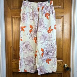 Rachel Roy Womens Large Floral Print 100% Linen Wide Leg Cropped Pants Euro Boho
